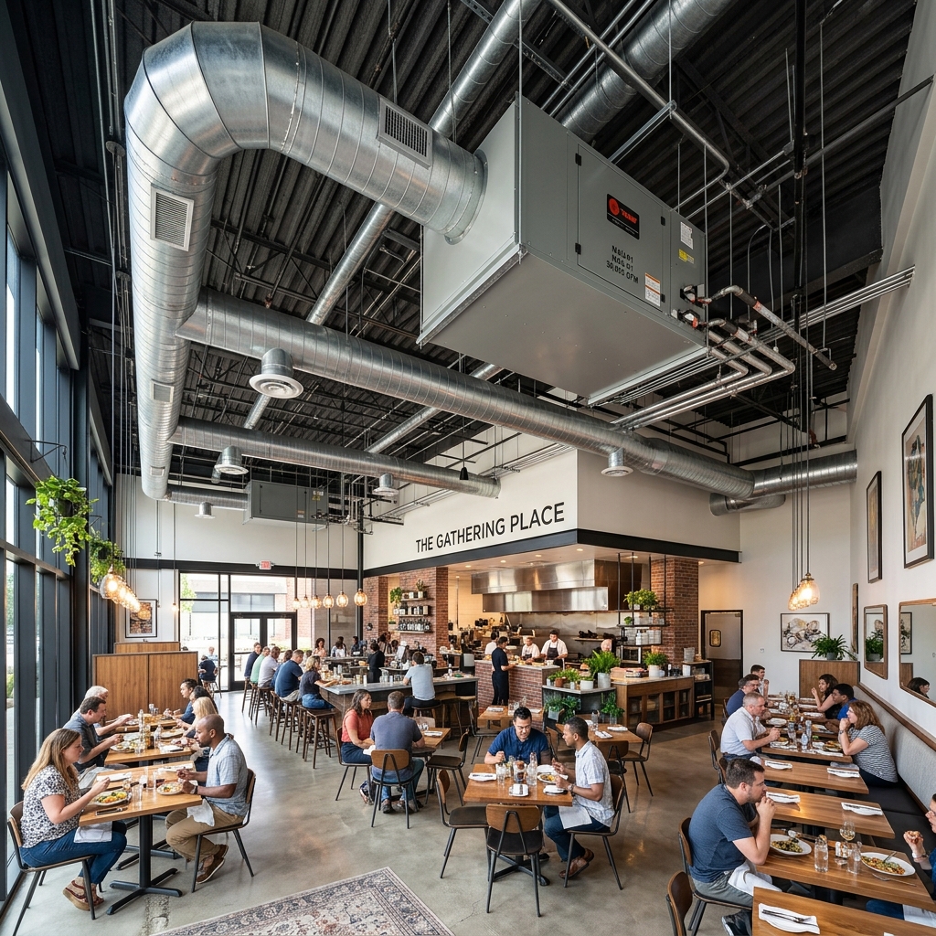 Clean modern restaurant interior with exposed HVAC ductwork